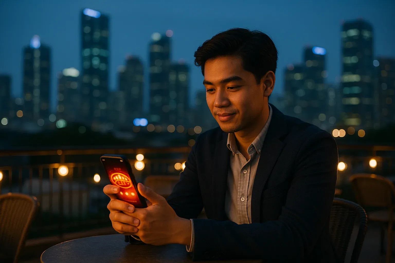 Young Filipino man at BGC rooftop cafe holding smartphone with casino app