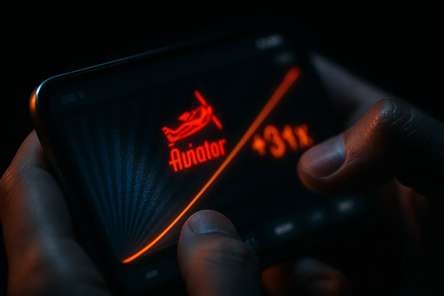 Macro close-up of smartphone showing blurred Aviator crash game interface glow