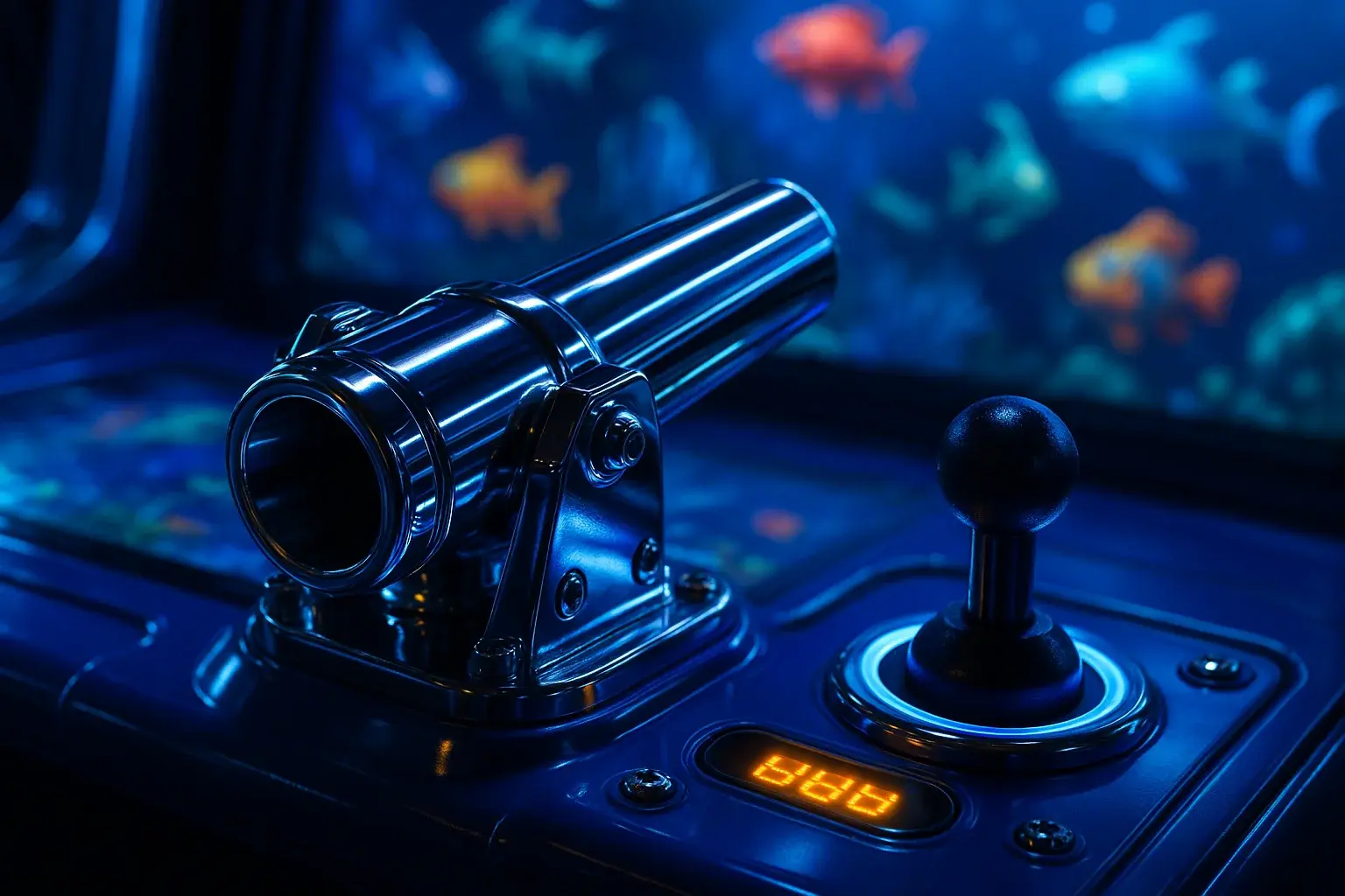 Macro close-up of chrome fishing game cannon with LED joystick and target
