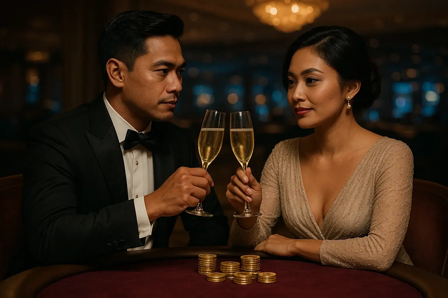 Sophisticated Filipino couple toasting with champagne in a VIP casino suite