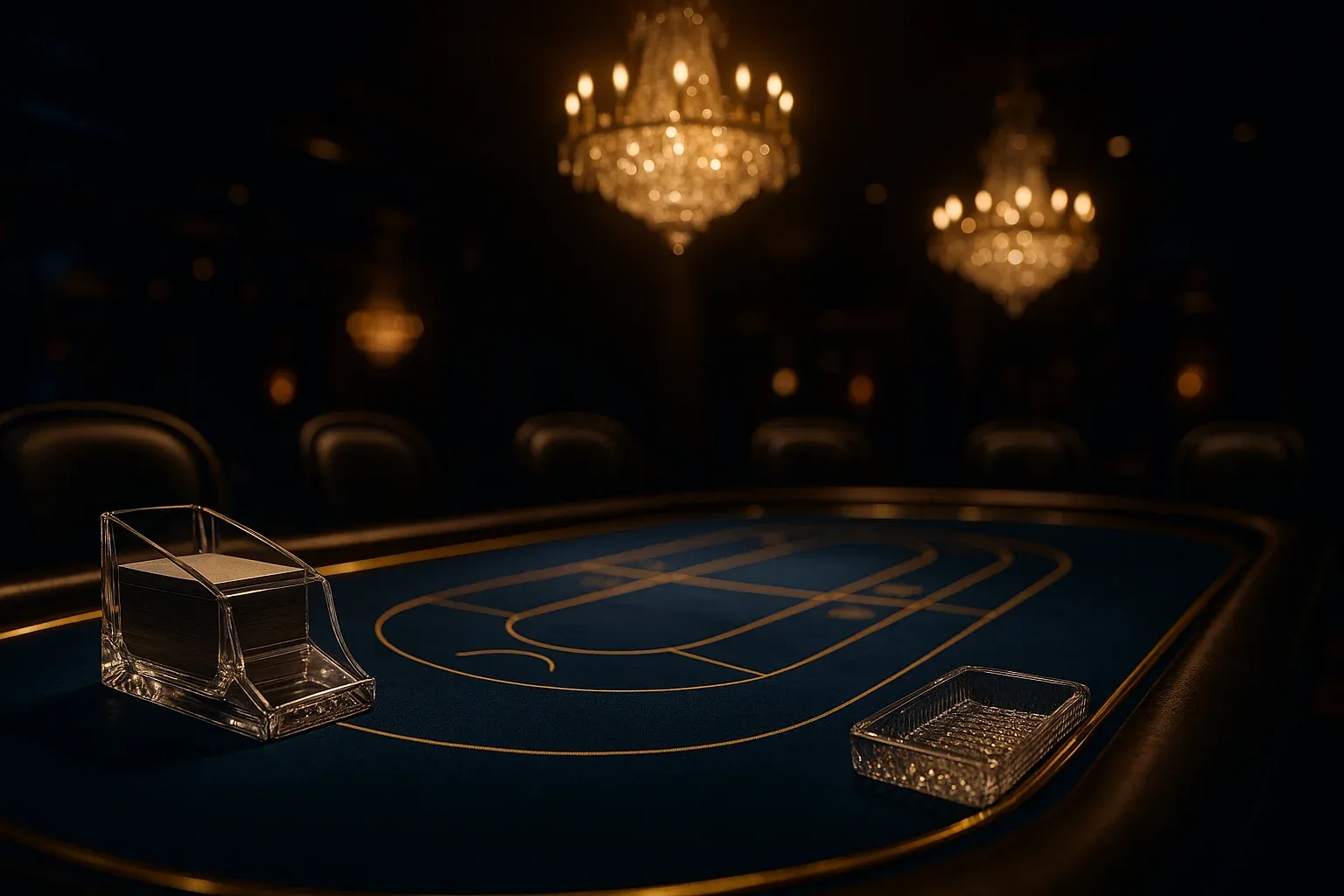 Hyperrealistic luxury live baccarat table with blue felt, gold trim, chandeliers