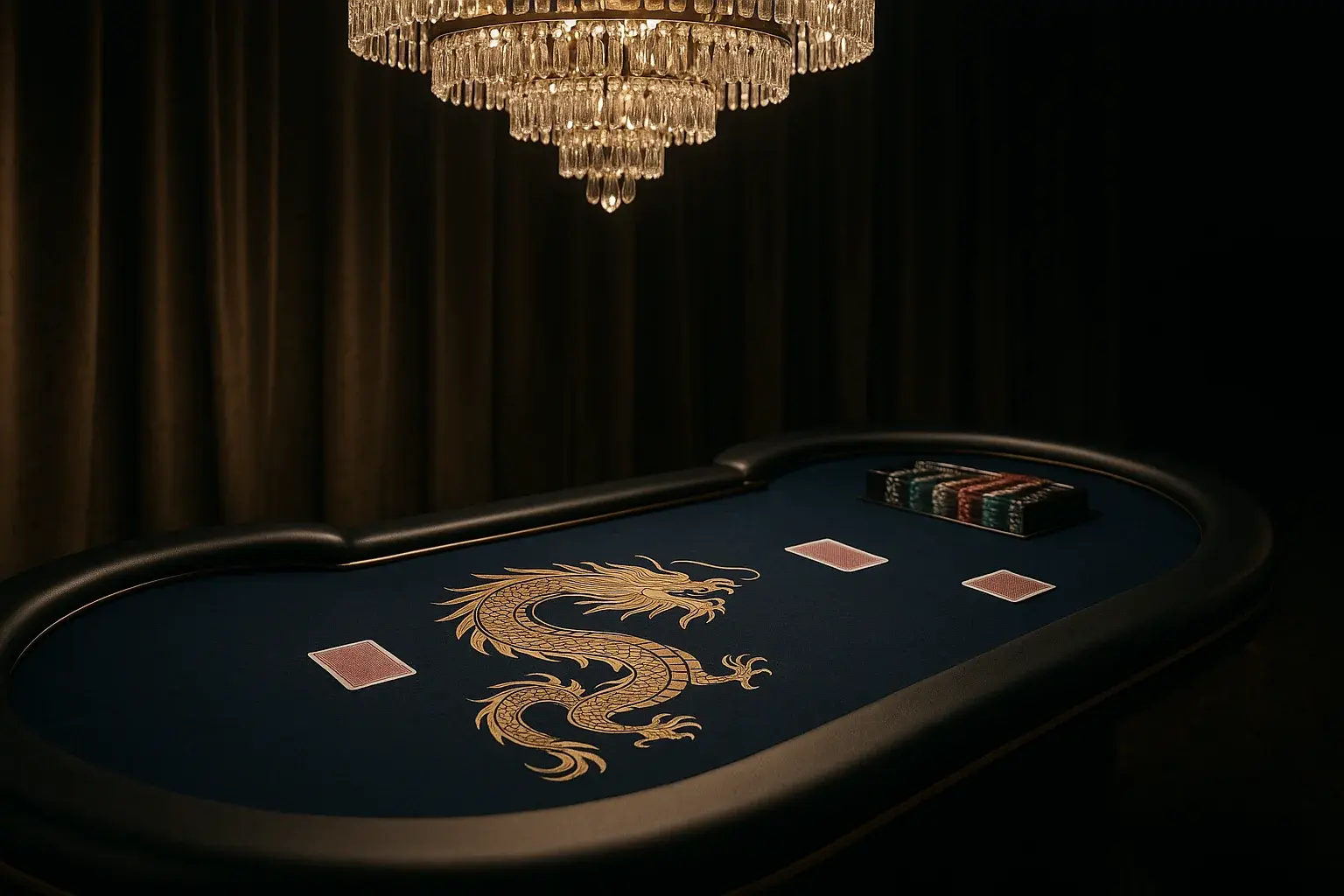 Hyperrealistic wide shot of live Dragon Tiger table in Philippine casino studio