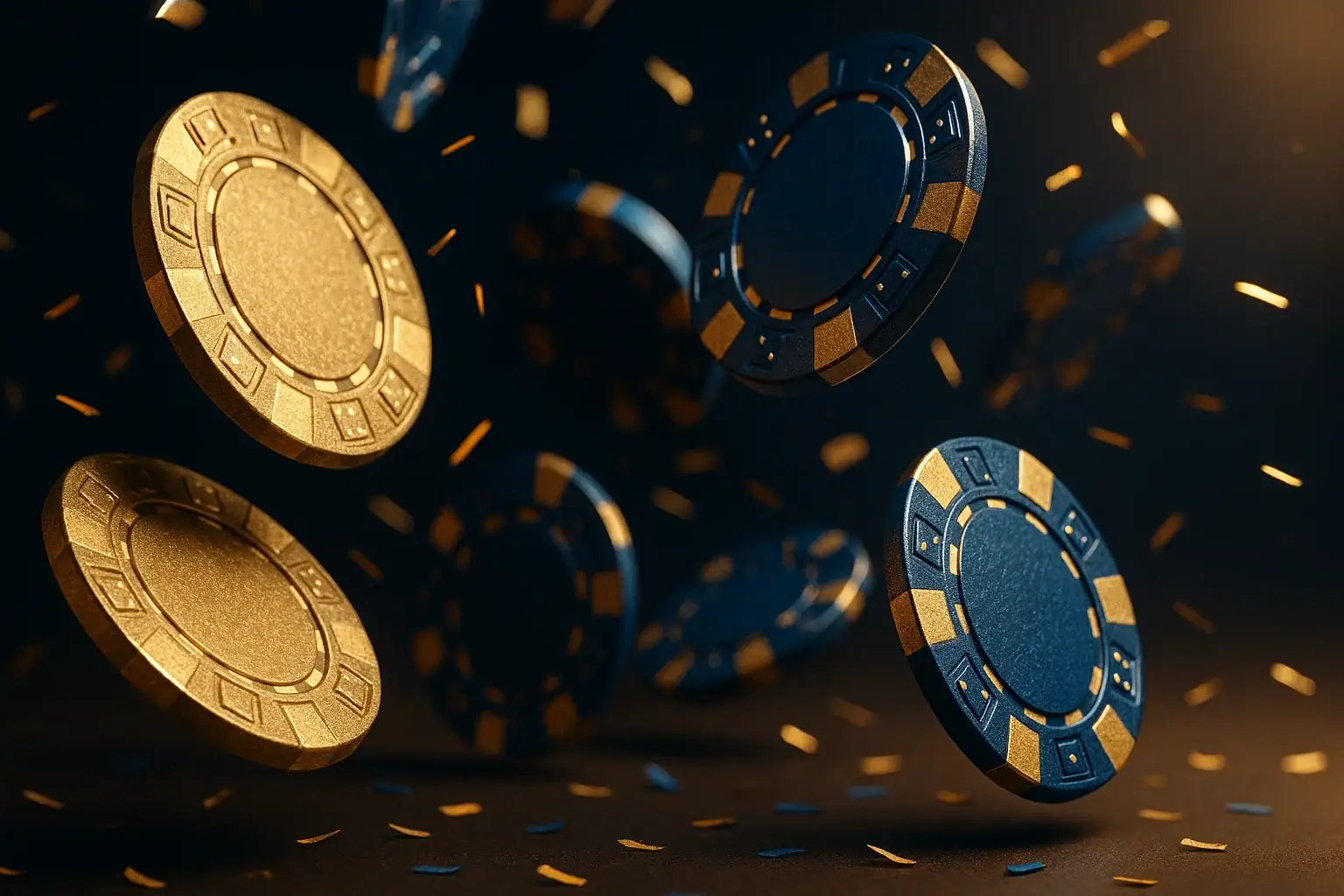 Hyperrealistic macro shot of golden and blue casino chips raining down