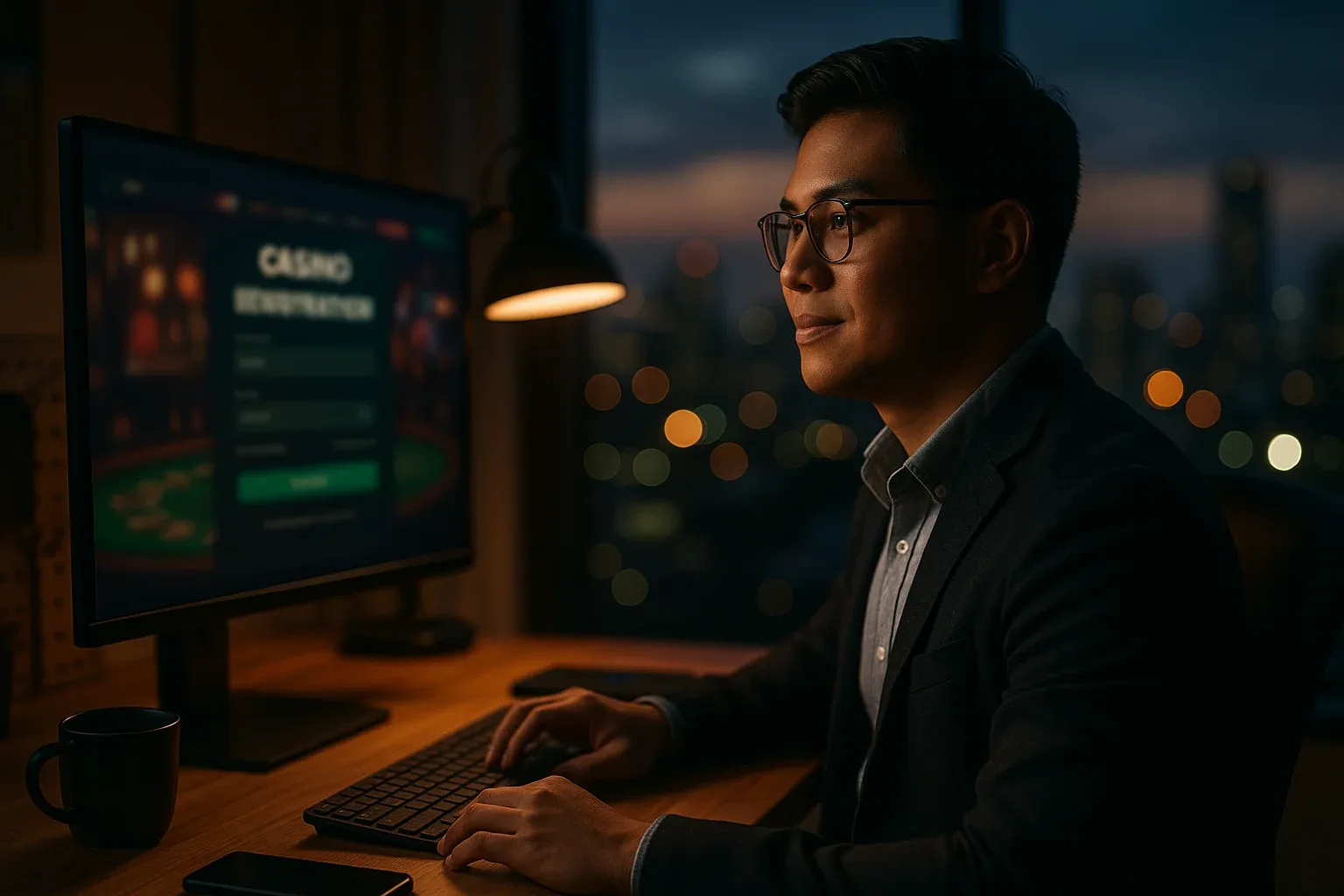 Filipino young professional registering on casino site at Manila home office