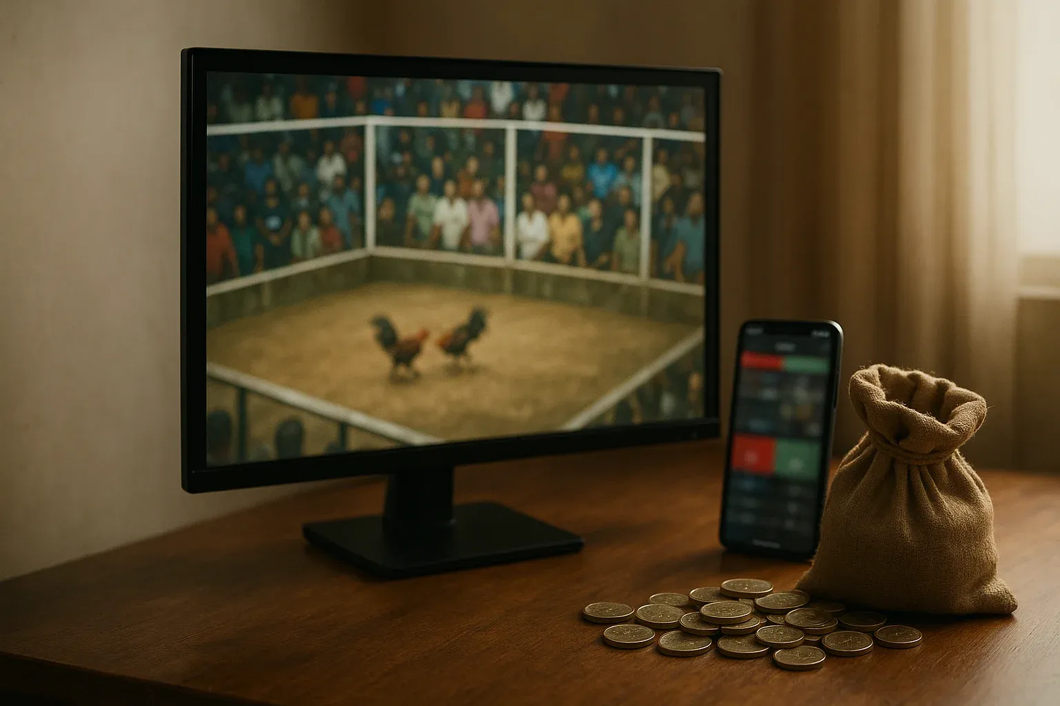 Wide shot of live sabong streaming setup with monitor, phone, and PHP coins