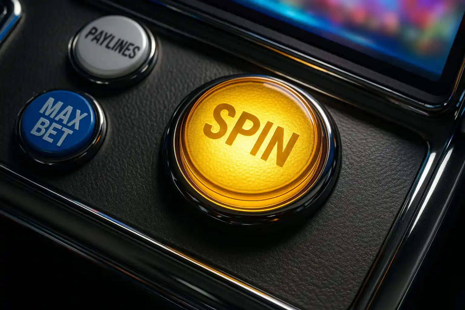 Hyperrealistic macro photo of slot machine panel with glowing gold spin button