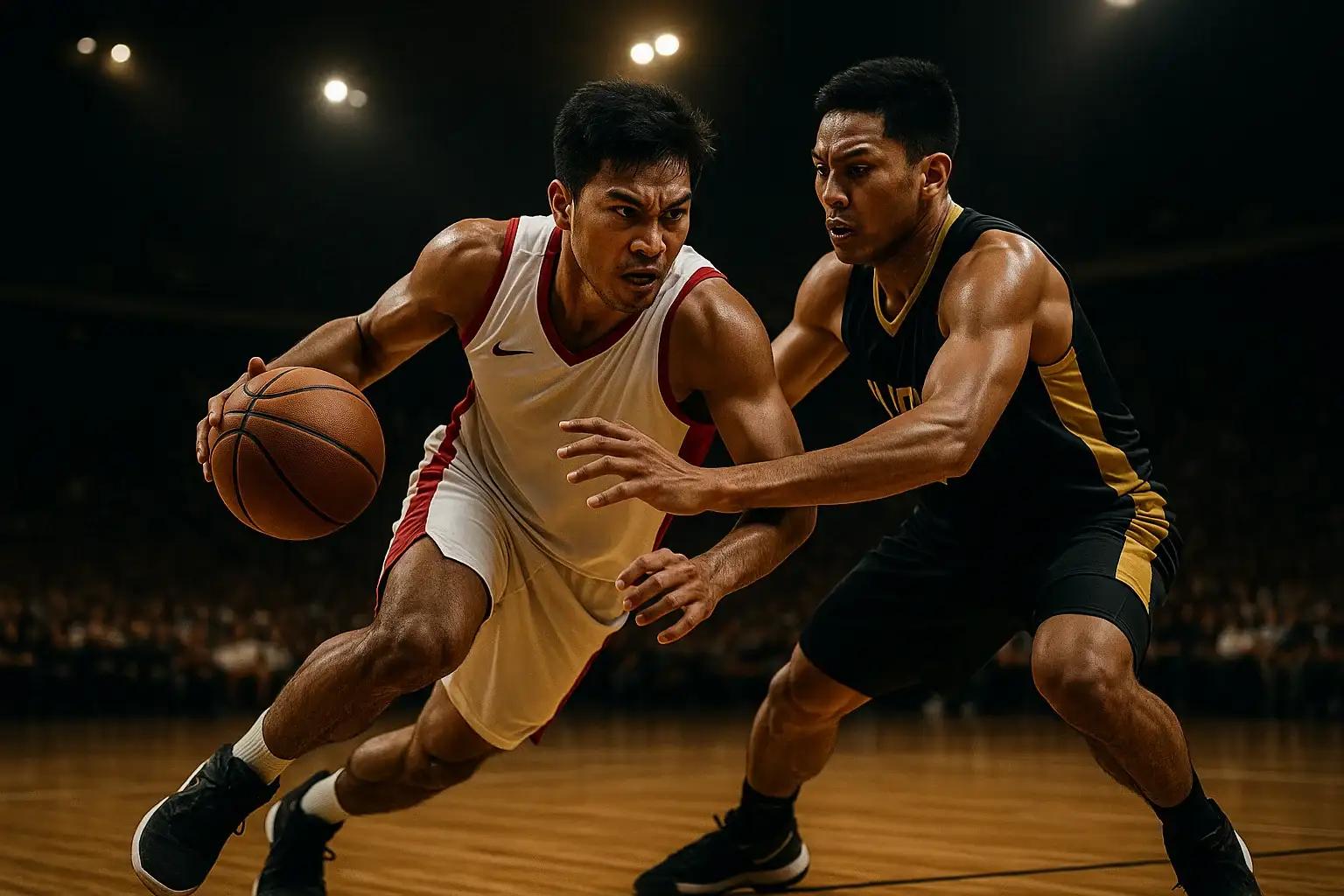 Two Filipino basketball players driving and defending under arena floodlights